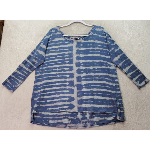 Volcom Shirt Top Womens XL Blue Tie Dye Cotton Round Neck High Low Slit Pleated - Picture 1 of 8